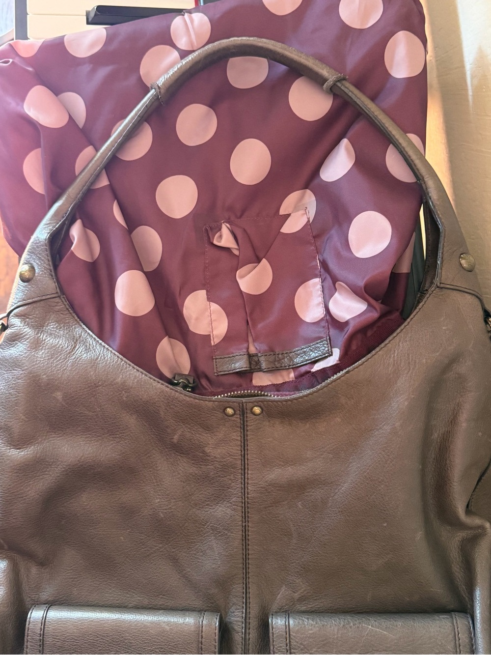 Slouch hobo Multi pocket oversized shoulder bag purple polka dot lining leather - Picture 5 of 9